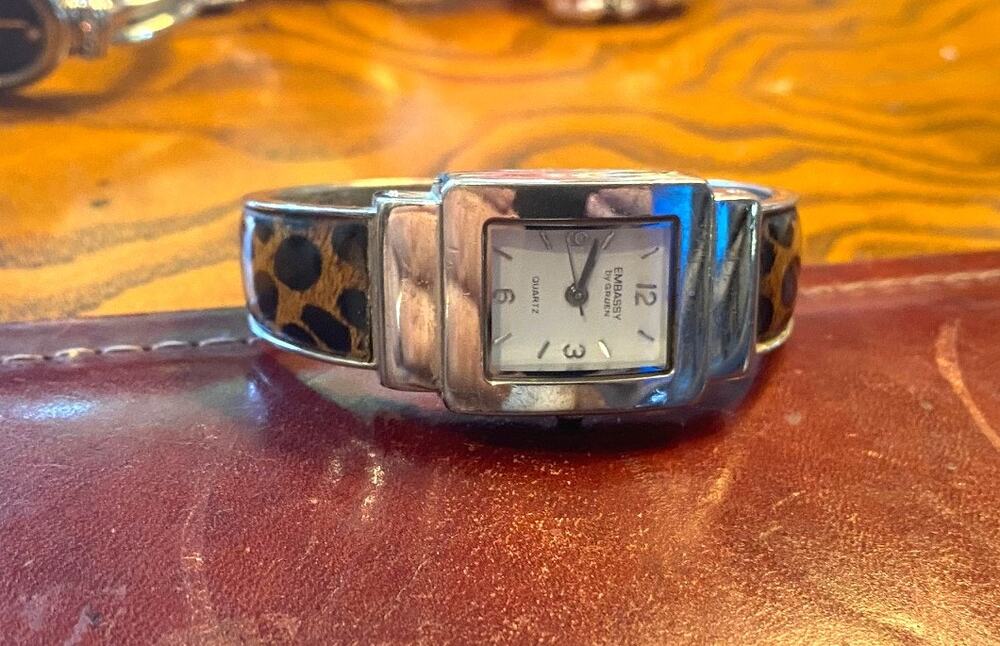 Women's 23mm Silver Tone Embassy by Gruen Watch, Leopard Print Bangle Bracelet